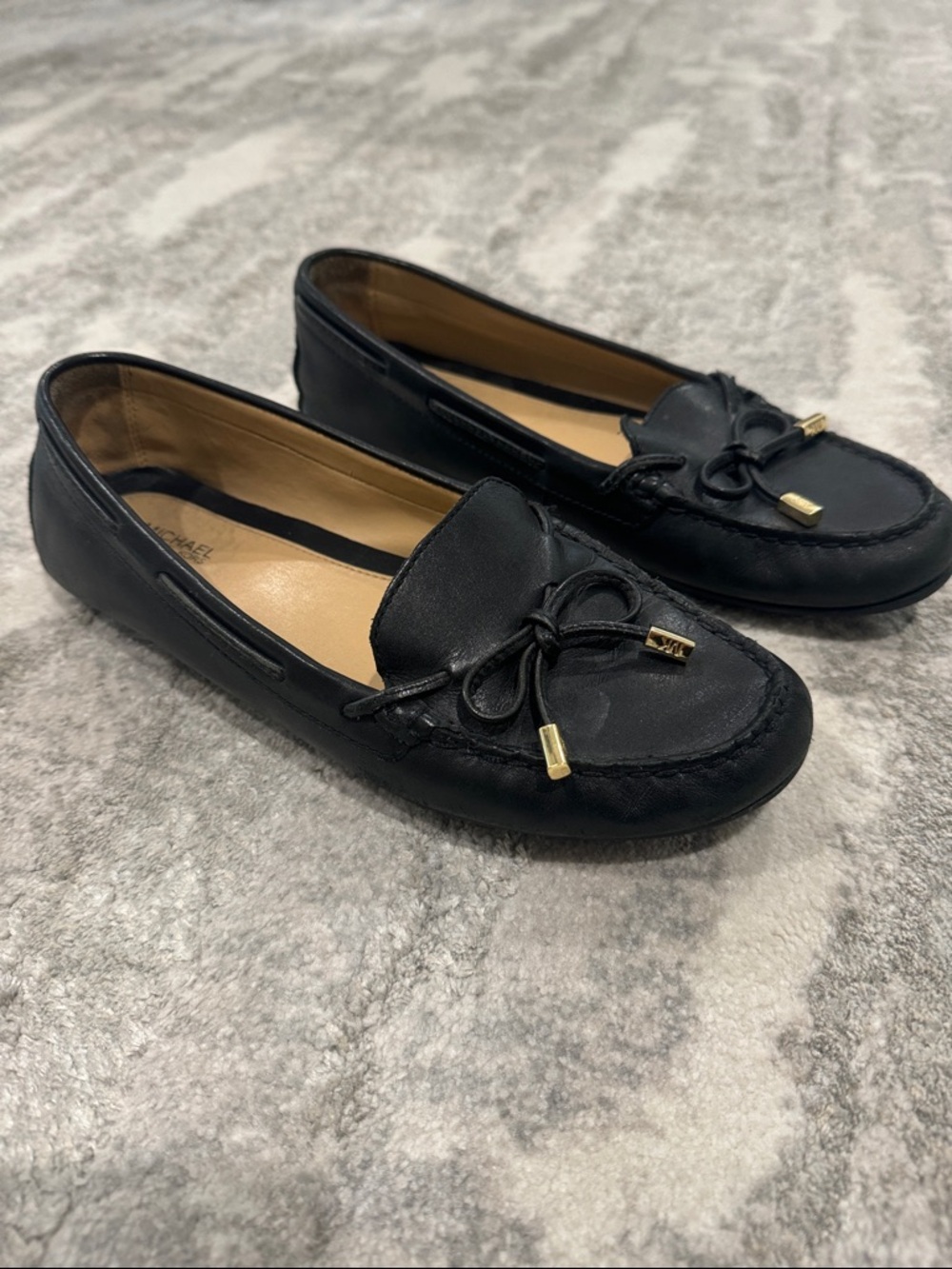 Michael Kors Black Leather Moccasin Flats with Gold Accents